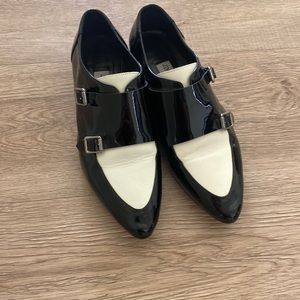 Mardi Patent Double-Monk Loafer, Black/White